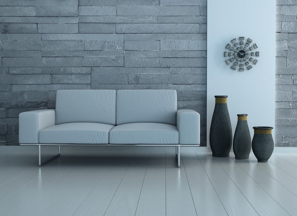 Modern living room interior with white sofa and jars