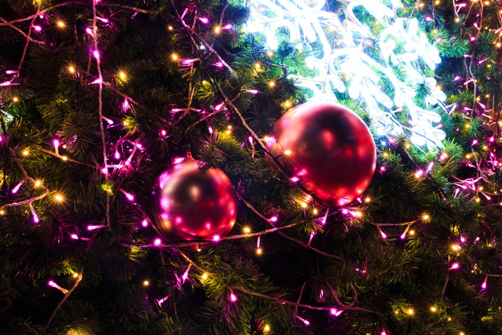 christmas lights and decor on the tree