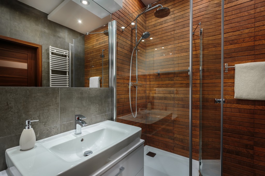 modern-designed bathroom with wooden wall
